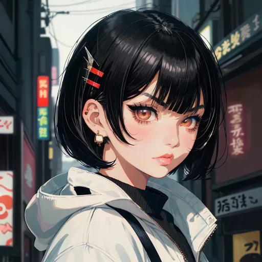 Prompt: black hair, girl, short hair, low angle camera shot, with bangs,  close lips, show only face, retro tokyo background, portrait, serious face, portrait, wearing white jacket, cute anime hair pins, cute anime earrings, tattoo on the face, thick eyeliner, front view