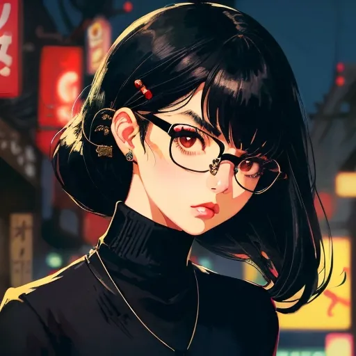 Prompt: black hair girl with glasses, low angle camera shot, with bangs,  close lips, show only face, retro tokyo background, portrait, serious face, portrait, wearing turtleneck, cute anime hair pins, black dragon tattoo