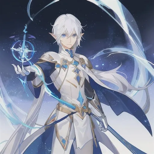 Prompt: male astral elf, blue magic eyes, white hair, white and brillant blue leather armor, golden elf longbow