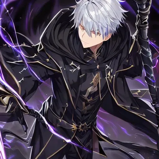 Prompt: dark wizard with hood and golden lines on his suit, black torn clothes, using darkness magic, without mask, complete body, silver hair, grey bright eyes, imposing, he shows his power, with wizard staff