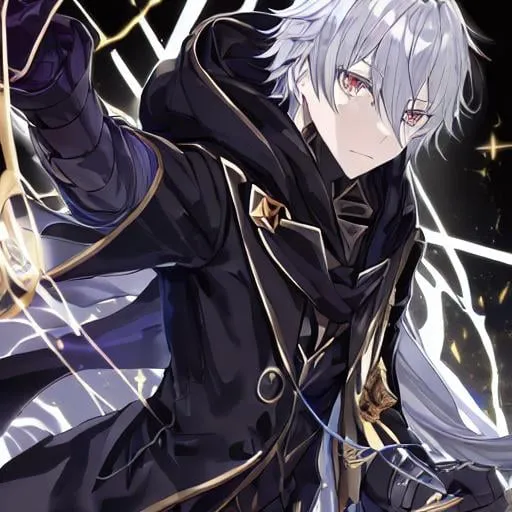 Prompt: dark wizard with hood and golden lines on his suit, black torn clothes, using darkness magic, without mask, complete body, silver hair, bright eyes, he shows him darkness power