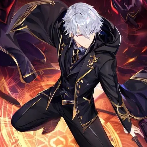Prompt: dark wizard with hood and golden lines on his suit, black torn clothes, using darkness magic, without mask, complete body, silver hair, bright eyes, he shows him darkness power
