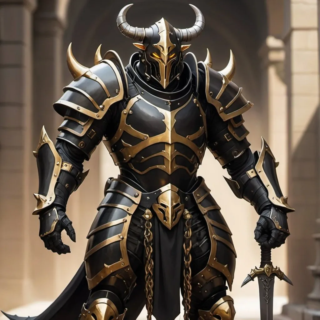 Prompt: Black armor with horns and golden eyes, with two longswords on his back, and a long metallic tail. Juggernaut Warforged 