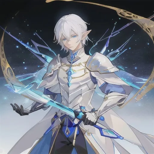 Prompt: male astral elf, blue magic eyes, white hair, white and brillant blue leather armor with few golden details, golden elf longbow