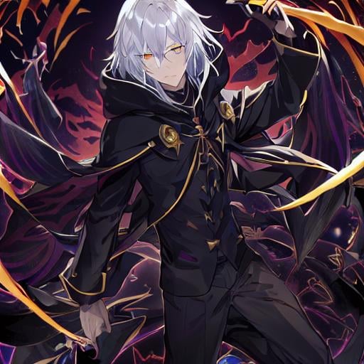 Prompt: dark wizard with hood and golden lines on his suit, black torn clothes, using darkness magic, without mask, complete body, silver hair, bright eyes, he shows him darkness power