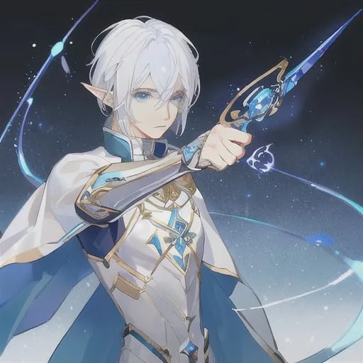 Prompt: male astral elf, blue magic eyes, white hair, white and brillant blue leather armor with few golden details, golden elf longbow