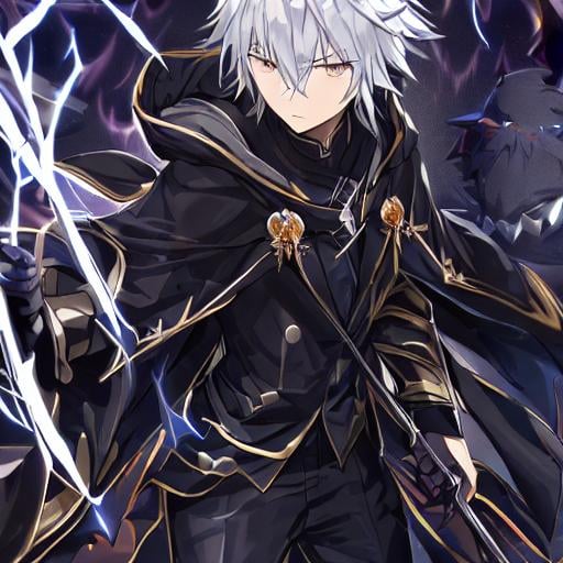 Prompt: dark wizard with hood and golden lines on his suit, black torn clothes, using darkness magic, without mask, complete body, silver hair, grey bright eyes