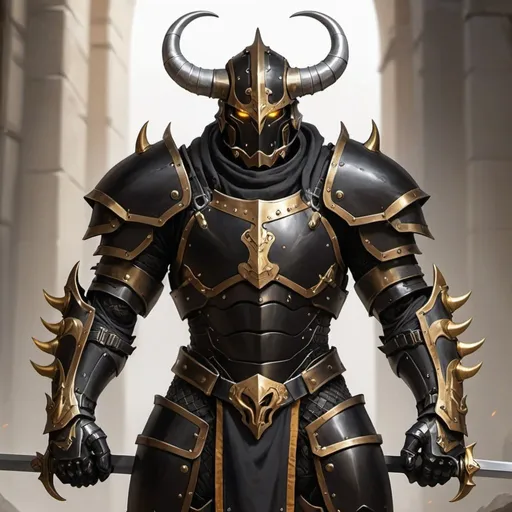 Prompt: Black armor with horns and golden eyes, with two longswords on his back, and a long metallic tail. Juggernaut Warforged 