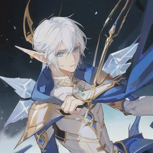 Prompt: male astral elf, blue magic eyes, white hair, white and brillant blue leather armor, golden elf longbow