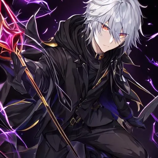 Prompt: dark wizard with hood and golden lines on his suit, black torn clothes, using darkness magic, without mask, complete body, silver hair, bright eyes, he shows him darkness power