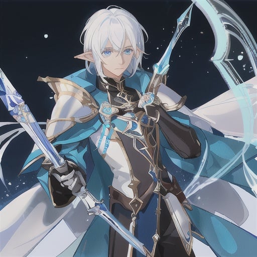 Prompt: male astral elf, blue magic eyes, white hair, white and brillant blue leather armor with few golden details, golden elf longbow