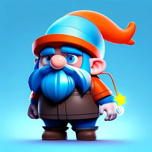 Prompt: Gnome with white skin, bright blue eyes that reflect innovation and madness, as well as curiosity and not understanding what he clearly cannot understand; He has bright blue hair and beard and a large mustache; he wears a bright orange hat with three bright white stars hanging from the hat by a thin thread or chain; His appearance is that of someone old, he wears bright orange inventor clothes with brown and blue accessories.