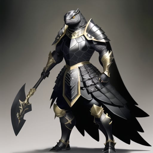 Prompt: Graphite black turtle, shiny golden eyes, black armor, the turtle walks on two legs and is wearing black chain mail armor, on his back he carries a black halberd, it is a very large turtle about 6 feet tall