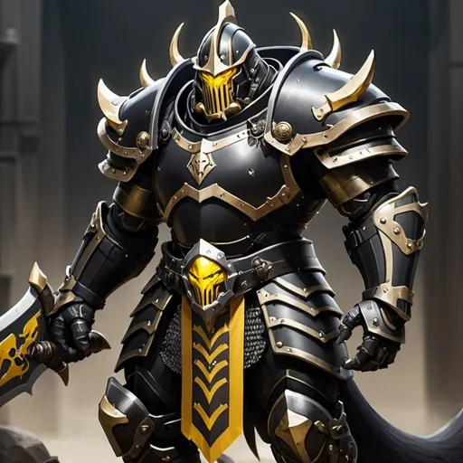 Prompt: Black armor Juggernaut Warforged like momon from overlord, with dual longswords on his back, with a metallic tail and brilliant Yellow eyes under armor