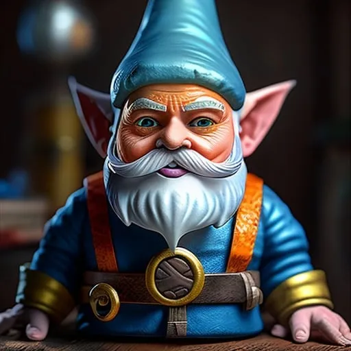 Prompt: Small adult gnome, big orange eggman mustache, bald, bright blue eyes, white artificer clothes with gold lines, 3 feet tall, white complexion, no glasses