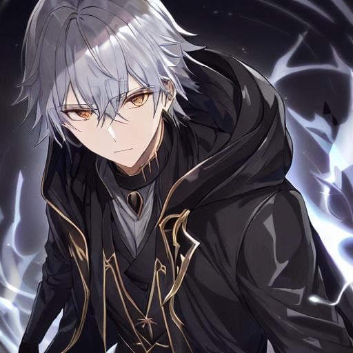Prompt: dark wizard with hood and golden lines on his suit, black torn clothes, using darkness magic, without mask, complete body, silver hair, bright eyes, he shows him darkness power