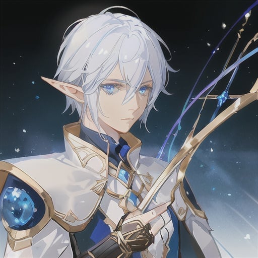 Prompt: male astral elf, blue magic eyes, white hair, white and brillant blue leather armor with few golden details, golden elf longbow