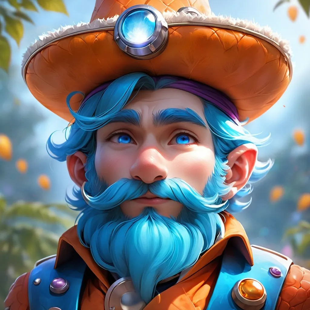 Prompt: Gnomo de tez blanca, no lleva ninguna clase de sombrero, ojos azules brillantes que reflejan la innovación y la locura, así como la curiosidad y el no entender lo que claramente no puede entender; tiene el pelo de color naranja y un gran bigote estilo Eggman, pero como tiene una alopecia desmedida entonces sólo posee un gran bigote; no se le ve como a alguien ya viejo, pero tampoco joven, en años humanos su apariencia es la de un cuarentón, no lleva sombrero y viste ropa de artesano azul celeste con adornos morados, el gnomo mide 3 pies de altura, se le ve animado y no lleva nada en su cabeza