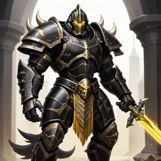 Prompt: Black armor Juggernaut Warforged like momon from overlord, with dual longswords on his back, with a metallic tail and brilliant Yellow eyes under armor