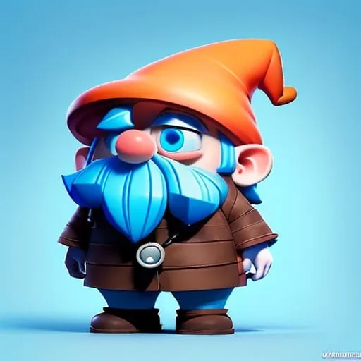 Prompt: Gnome with white skin, bright blue eyes that reflect innovation and madness, as well as curiosity and not understanding what he clearly cannot understand; He has bright blue hair and beard and a large mustache; he wears a bright orange hat with three bright white stars hanging from the hat by a thin thread or chain; His appearance is that of someone old, he wears bright orange inventor clothes with brown and blue accessories.