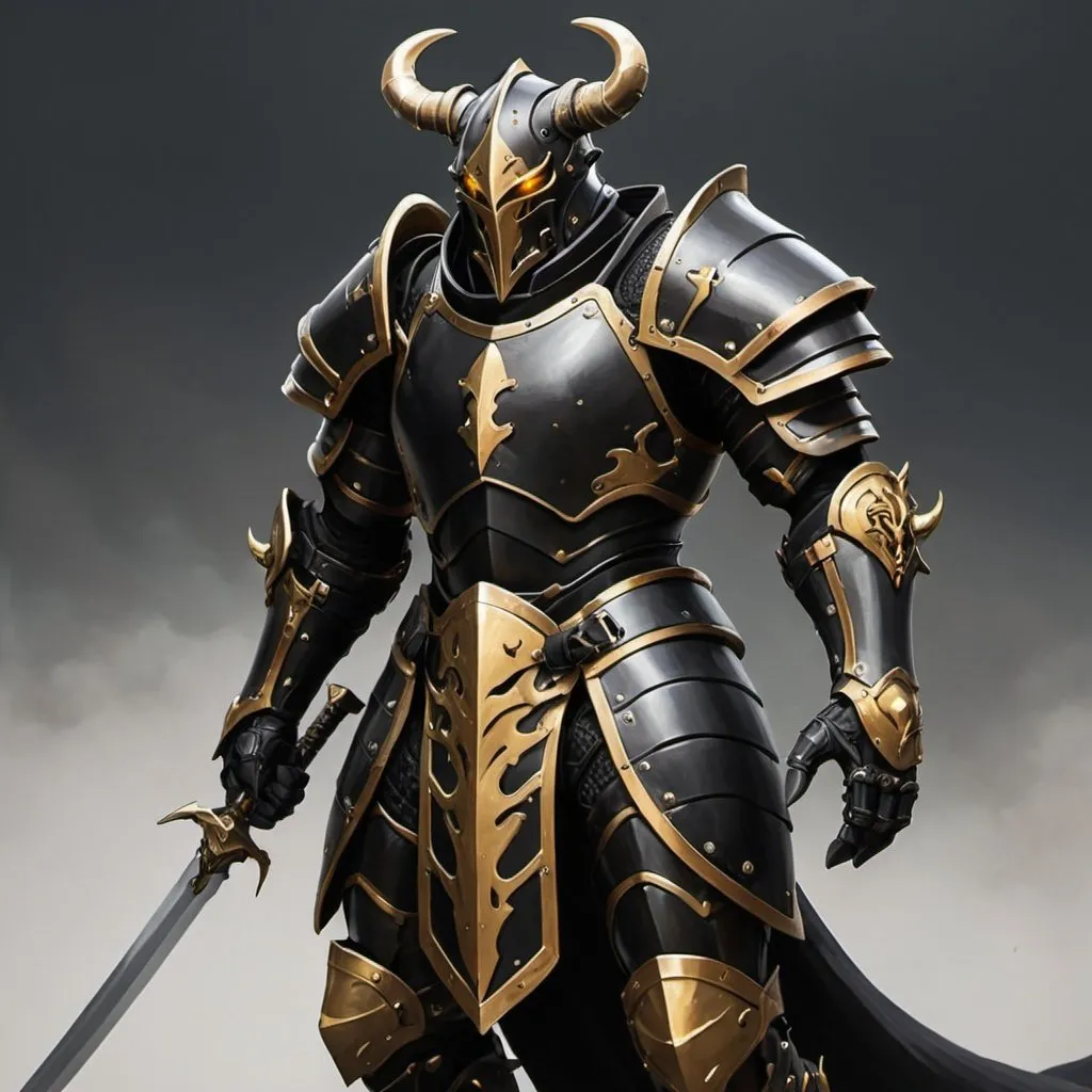 Prompt: Black armor with horns and golden eyes, with two longswords on his back, and a long metallic tail. Juggernaut Warforged 