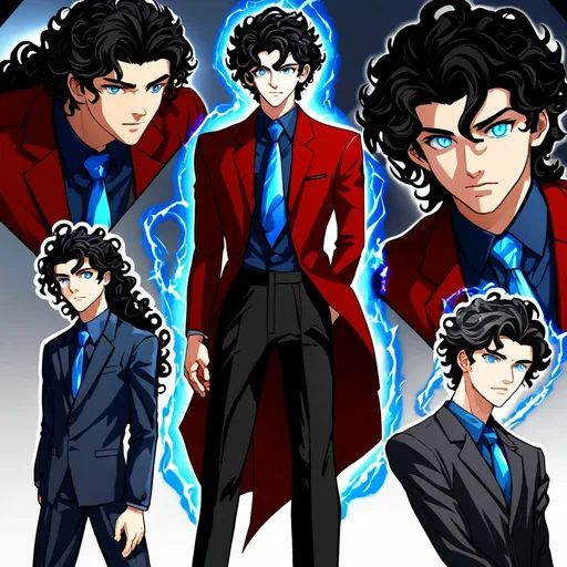 Prompt: create a full body male he is 18 years old he long long curly  all powers black hair glowing blue eyes and red and black suit , he's family hated him and said he will never be a hero he became a hero because he wanted to prove his family wrong and to fight crime