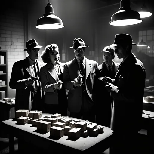 Prompt: dim, night film noir photography, Detective, 1950s, holding revolver, covert, bank heist, shadows

image: a group of people just completed a heist, they are gathered around a pallete in an industrial building, the pallete is their loot- boxes of coffee.