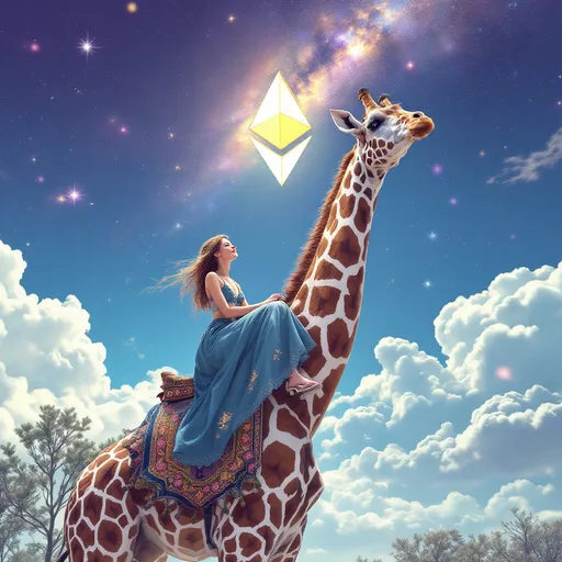 Prompt: beautiful girl riding a giraffe ethereum logo in the sky
