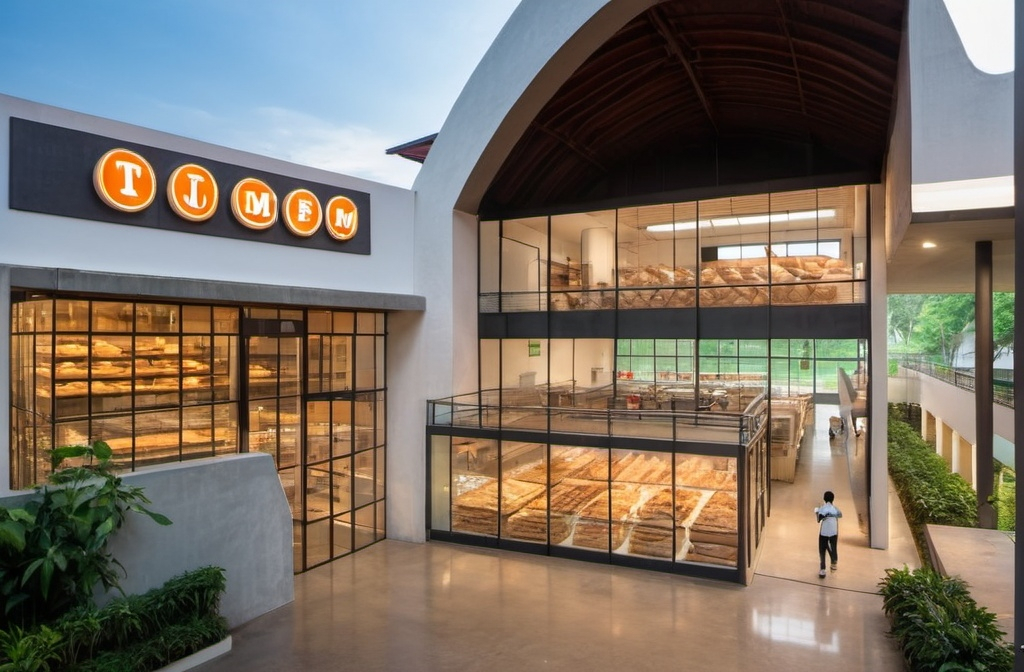 Prompt: UFM (United Flour Mill) Bakery house on a thai college campus. Modern, and enticing to the younger generation on a lively modern university campus