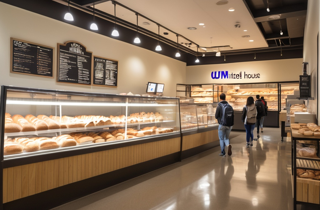 Prompt: UFM (United Flour Mill) Bakery house on a college campus. Many students walking outside and into the store. The inside of the store has a cafe that sells both breads, snacks, and drinks. The design and interior of the store is modern and upscale with inspiration from a french style bakery.