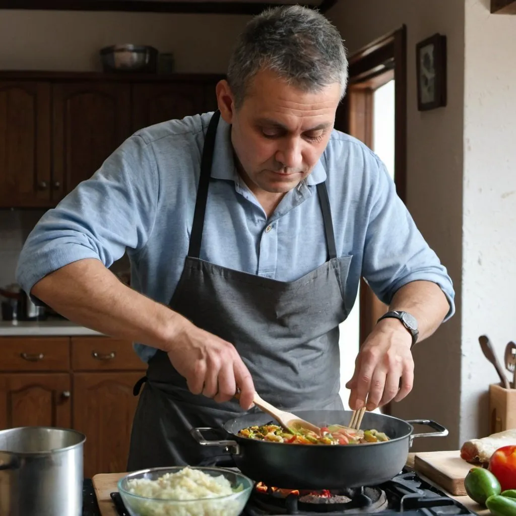 Prompt: A man is cooking the lunch