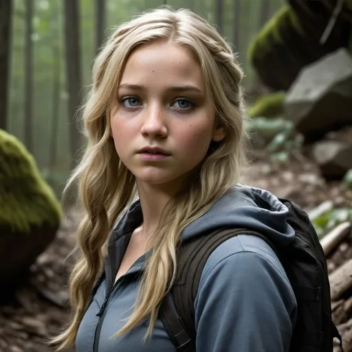 Prompt: (fille ado aux cheveux blonds lachés et aux yeux bleus elle tient un arc et des flèches) se trouvant dans (Hunger Games), dystopian ambiance, fierce and determined expression, rugged terrain with dense forests and scattered debris, dynamic action pose, soft yet harsh lighting, dramatic shadows, detailed background showing ruins, muted and earthy color tones, ultra-detailed, high-definition, cinematic masterpiece, intense atmosphere