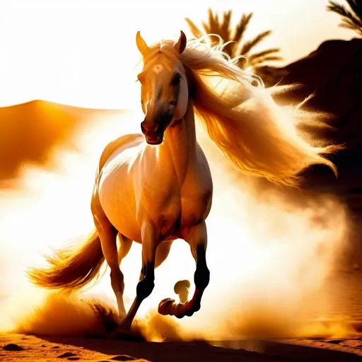 Prompt: Arabic white horse running, desert landscape, sandy terrain, galloping at full speed, dust kicking up behind, Arabian breed, detailed mane and tail, high quality, realistic, warm tones, golden hour lighting