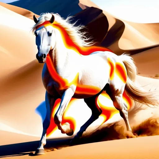 Prompt: Arabic white horse running, desert landscape, sandy dunes, elegant and powerful stance, flowing mane and tail, high quality, realistic, majestic, golden hour lighting, detailed muscles, graceful movement