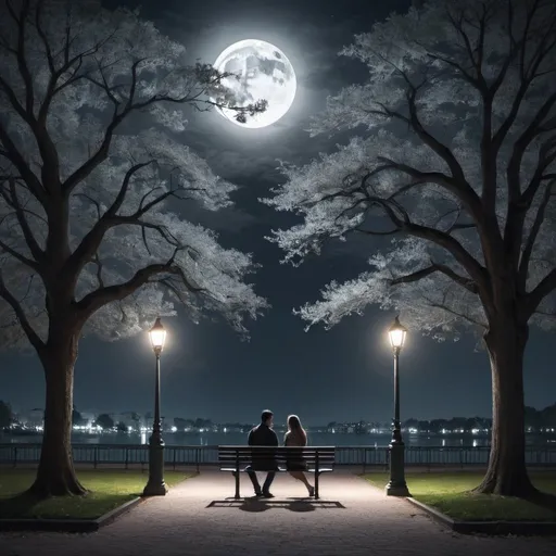 Prompt: A park, with a Moonlight , and to lovers