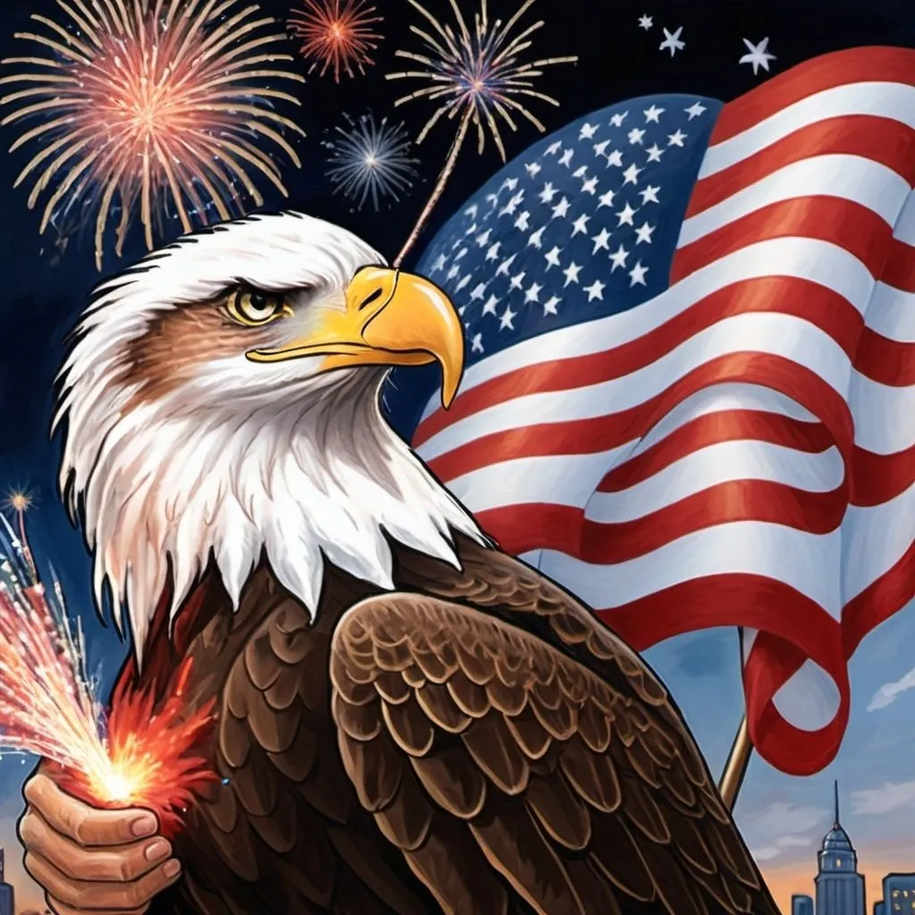 Prompt: Whimsical art of American flag and eagle with fire works with President Trump in background