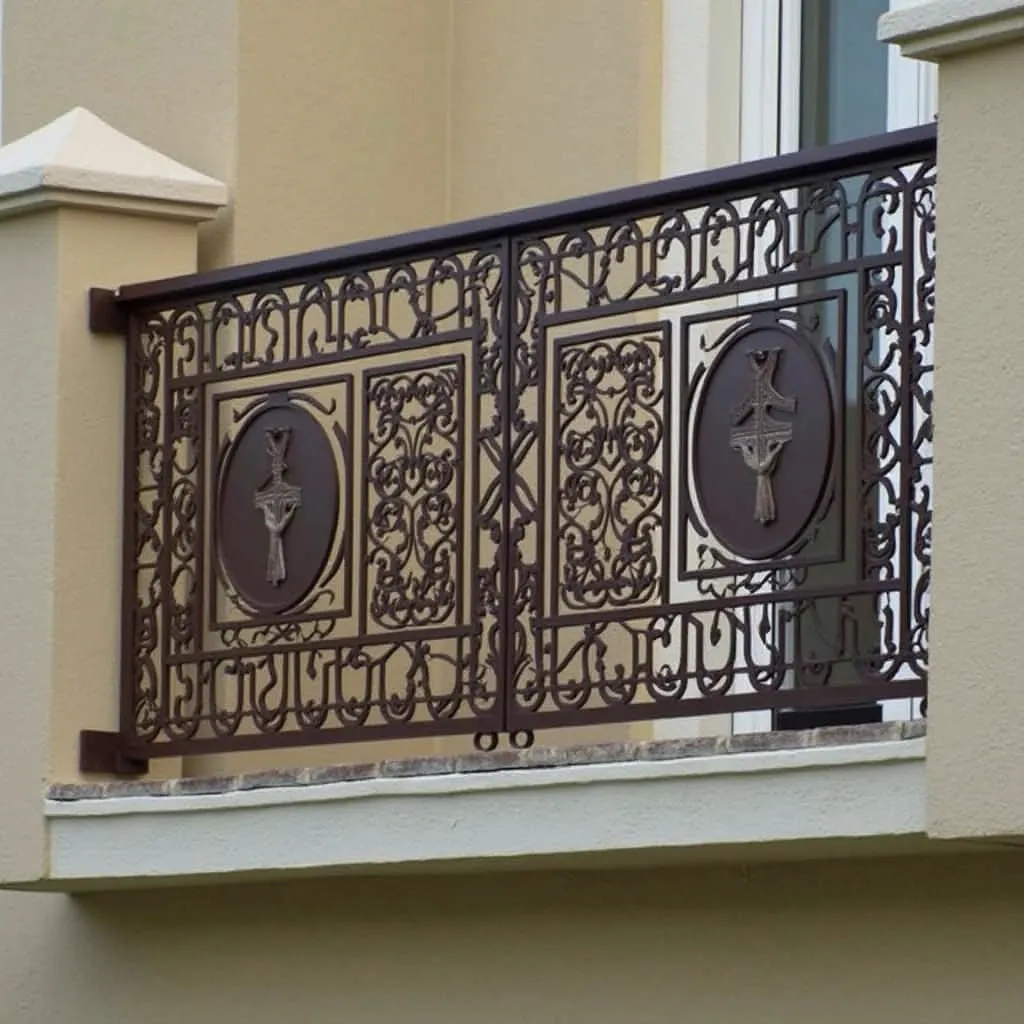Prompt: Gambar pagar laser cutting warna coklat tua pada balkon lantai dua dengan desain cutting pada lembaran tengahnya itu gambar kalung rosario katolik