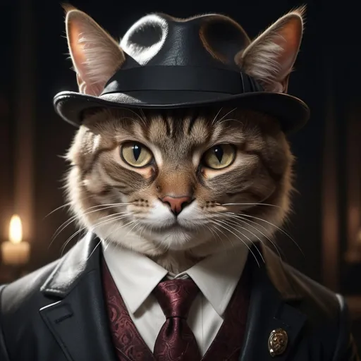 Prompt: Cat mafia low key portrait, hyper realistic