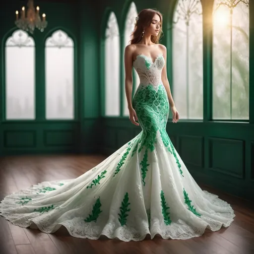 Prompt: woman in a white mermaid wedding dress that has emerald green lace appliques on the widest parts of the dress, but not on the top