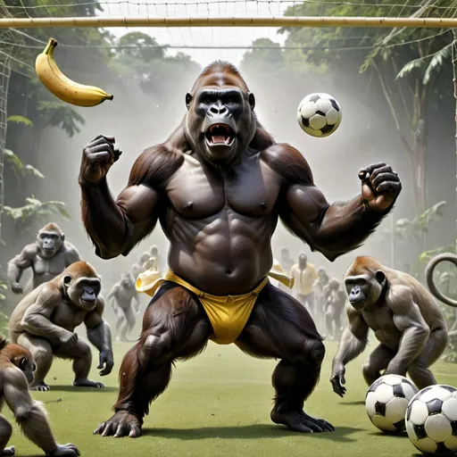 Prompt: A gorilla who is a banana is playing soccer with monkeys behind him and they score a goal so to celebrate the monkey does a backflip