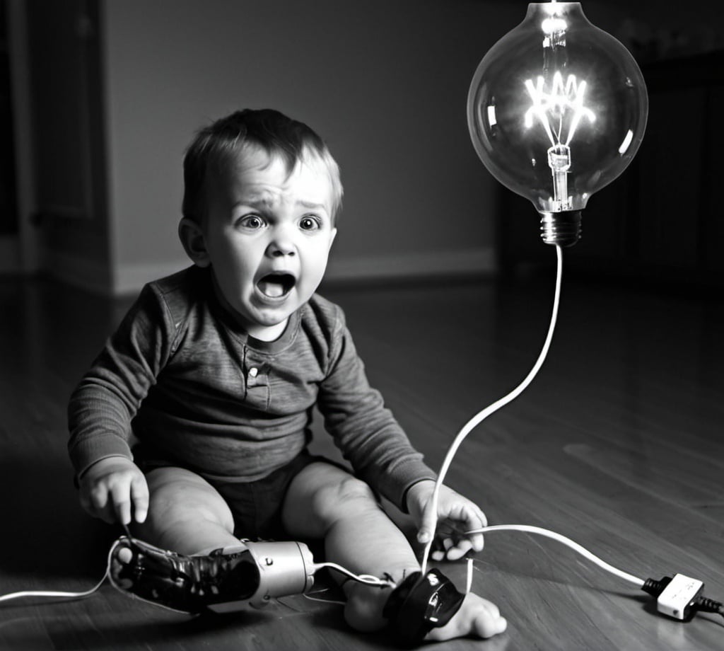 Prompt: Kid playing with electricity and mother teaches him a lesson to not play