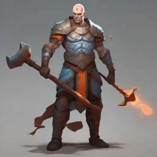 Prompt: bald male stone genasi with cracked skin, the cracks are glowing with a dim red-orange light, he wears a greek-style armor and hold a heavy maul in a two-handed grip