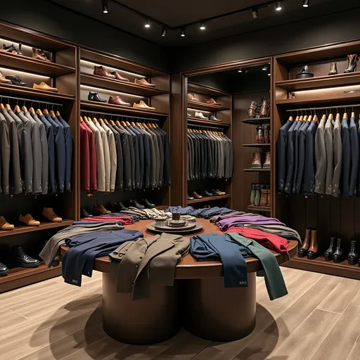 Prompt: faça roupas masculinas e femininas com sapatos masculinos e femininas (mas poucos sapatos) e sem e com alguns cintos principalmente masculino com algumas calçar sapatos em prateleiras, cabides e em uma mesa redonda e tudo nessa loja tem q ser cara e exageradamente chique e cara e sem quadros com mulheres (com algumas roupas chiques na mesa) mas com cores diferentes e nem tudo e para ser terno e tem q ter muita roupa na mesa e deixe a câmera uma pouco mais perto da mesa