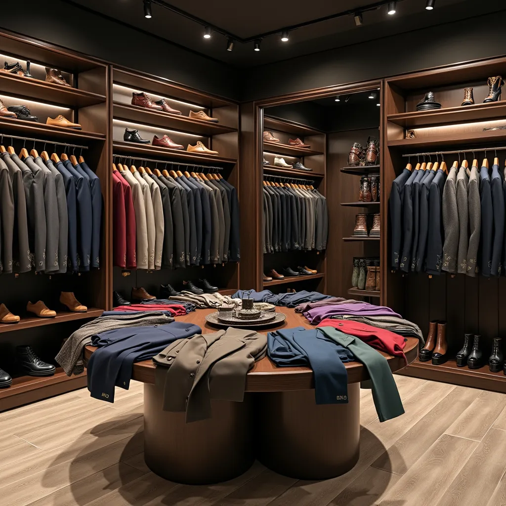 Prompt: faça roupas masculinas e femininas com sapatos masculinos e femininas (mas poucos sapatos) e sem e com alguns cintos principalmente masculino com algumas calçar sapatos em prateleiras, cabides e em uma mesa redonda e tudo nessa loja tem q ser cara e exageradamente chique e cara e sem quadros com mulheres (com algumas roupas chiques na mesa) mas com cores diferentes e nem tudo e para ser terno e tem q ter muita roupa na mesa e deixe a câmera uma pouco mais perto da mesa