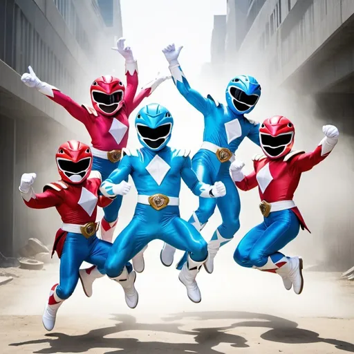 Prompt: Fun looking smurf power ranger team jumping around and being happy