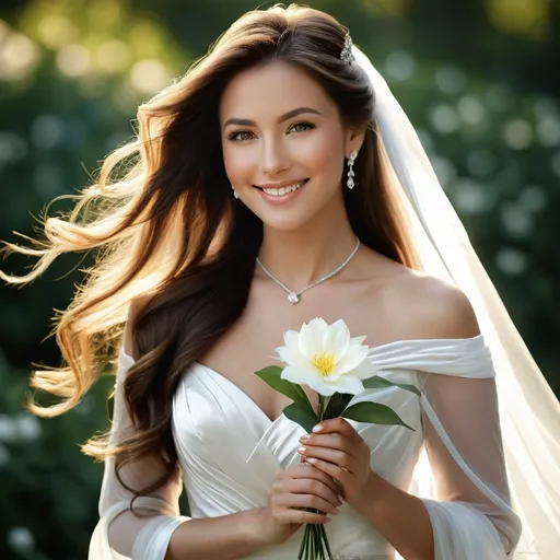 Prompt: Detailed, realistic painting of a smiling woman with long flowing hair, focused gaze, holding a delicate flower in her hand, wearing an elegant white long dress with the hem blowing in the wind, showcasing a wedding ring on her left ring finger, high-quality, realistic painting, gentle and serene atmosphere, soft lighting, romantic, bridal, long flowing hair, elegant dress, delicate flower, serene expression, detailed eyes, wedding ring, gentle breeze, realistic, highres, detailed, gentle lighting