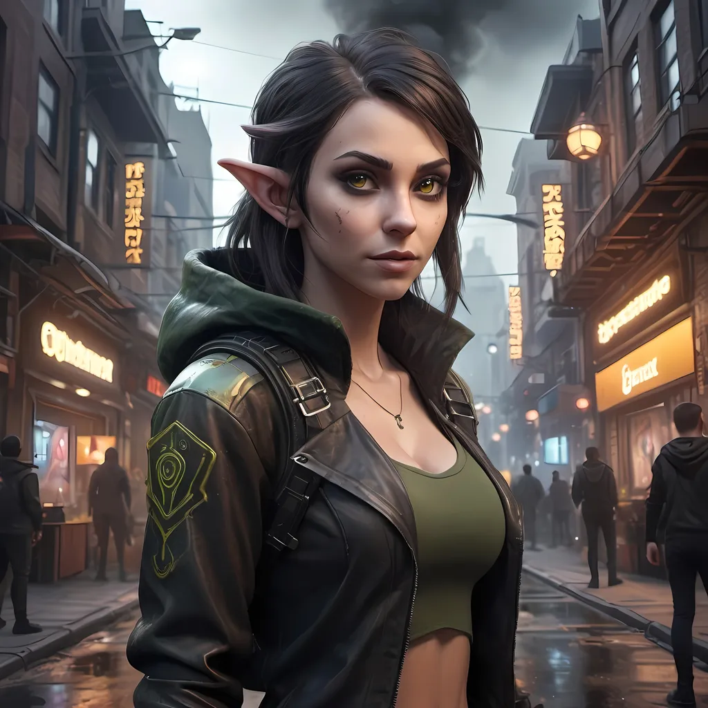 Prompt: female shadowrun elf, dark hair, light brown eyes, small ears, standing in a cyberpunkt city street, cloudy smoke, fantasy cyberpunk, magic light aura, a faint ghost in the background, the elf is excited, symmetrical, perfect composition, hyperrealistic, super detailed, 8k, high quality, Splash art, front, epic Instagram, artstation, hyperdetailed intricately detailed, unreal engine, intricate detail, splash screen, complementary colors, concept art, 8k, heavy strokes, splash arts, full height, full body focus