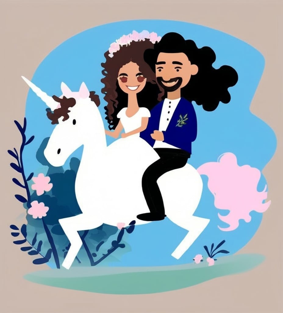 Prompt: illustration character design, cartoonish whimsical style.Lebanese man and woman,  long brown curly hair, riding one unicorn,wedding day, lush forest background, simple shapes.