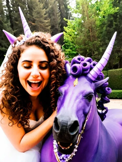 Prompt: Lebanese couple with long curly hair, on their wedding , riding a purple unicron.
