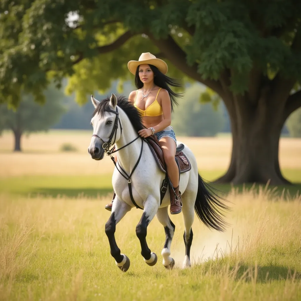 Prompt:  @BAHVHxTOshV3uHzOxn5m (photorealistic, highly detailed) going for a fun gallop on her beautiful and gentle, white, Arabian mare, riding without a saddle, in the meadow where wildflowers grow and a pond nearby, shaded by a giant oak tree, a golden, dreamy, summer afternoon on the farm, heartwarming, a true farmgirl, sweetly nostalgic, she is wearing extremely short, cut-off jean shorts and tube top, a straw cowboy hat, and cowboy boots, long, black hair fanning out behind her in the breeze, bright, afternoon sunshine, natural light, captured with professional DSLR photo quality, HDR, and breathtaking UHD 64k resolution for exceptional detail.